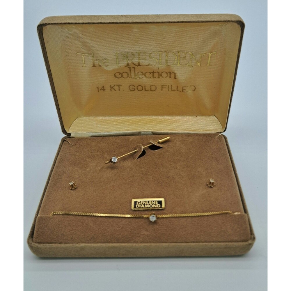 Vintage 14K Gold Filled Genuine Diamond 7" Bracelet Earrings Brooch Set Box